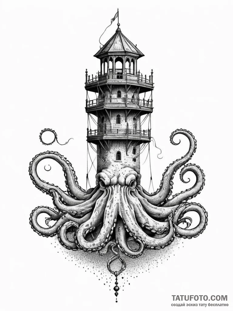 Kraken coil around ancient tower, tattoo draw... - эскиз тату (№1751671835_0, 04.07.2025 23:30) — Tatufoto.com