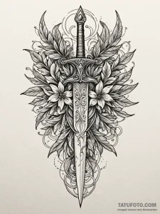 Olive leaves entwining dagger, artistic tatto... - эскиз тату (№1751672091_0, 04.07.2025 23:34) — Tatufoto.com