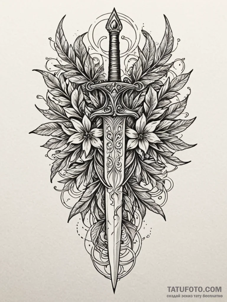 Olive leaves entwining dagger, artistic tatto... - эскиз тату (№1751672091_0, 04.07.2025 23:34) — Tatufoto.com