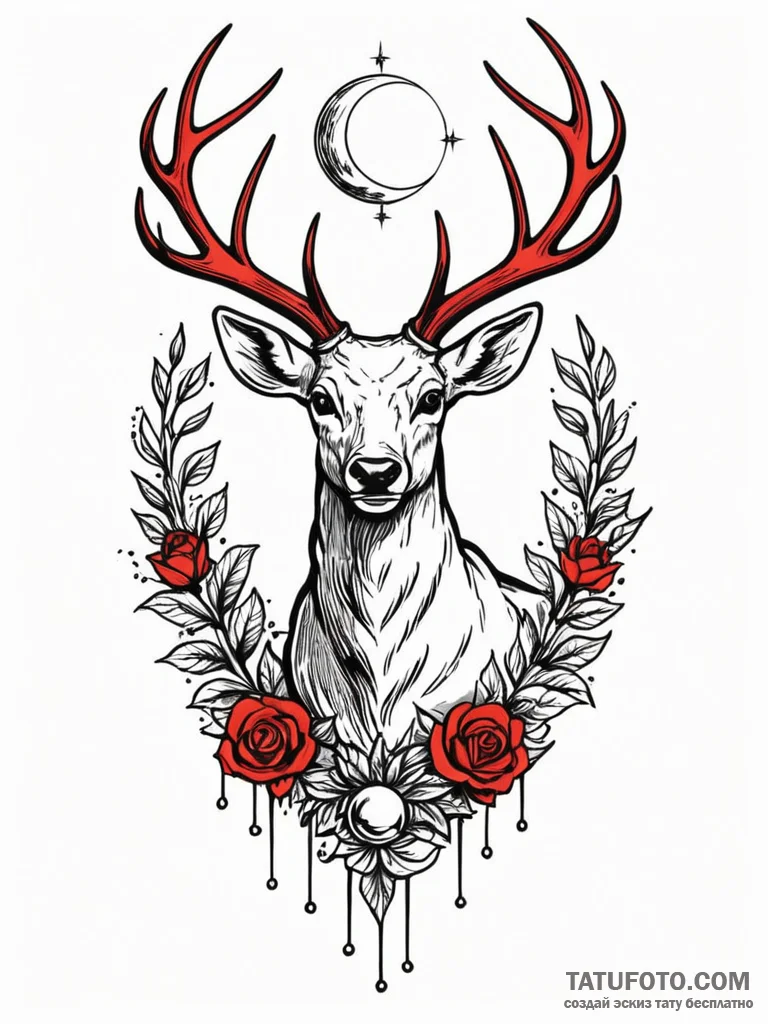Angelic stag crowned by lunar light, tattoo d... - эскиз тату (№1751672260_0, 04.07.2025 23:37) — Tatufoto.com