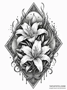 Burning lilies on gravestone, ink illustratio... - эскиз тату (№1751672763_0, 04.07.2025 23:46) — Tatufoto.com