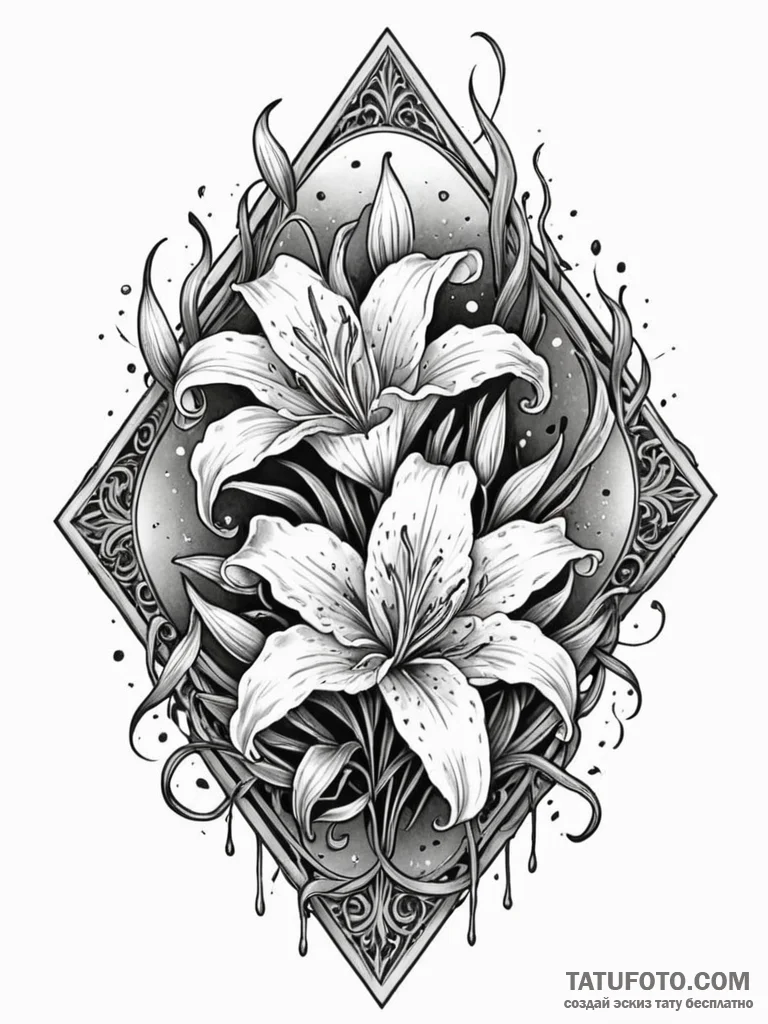 Burning lilies on gravestone, ink illustratio… — эскиз тату (№1751672763_0, 04.07.2025 23:46) — Tatufoto.com