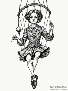 Marionette with its strings cut, slumping, ta... - эскиз тату (№1751673104_0, 04.07.2025 23:51) — Tatufoto.com