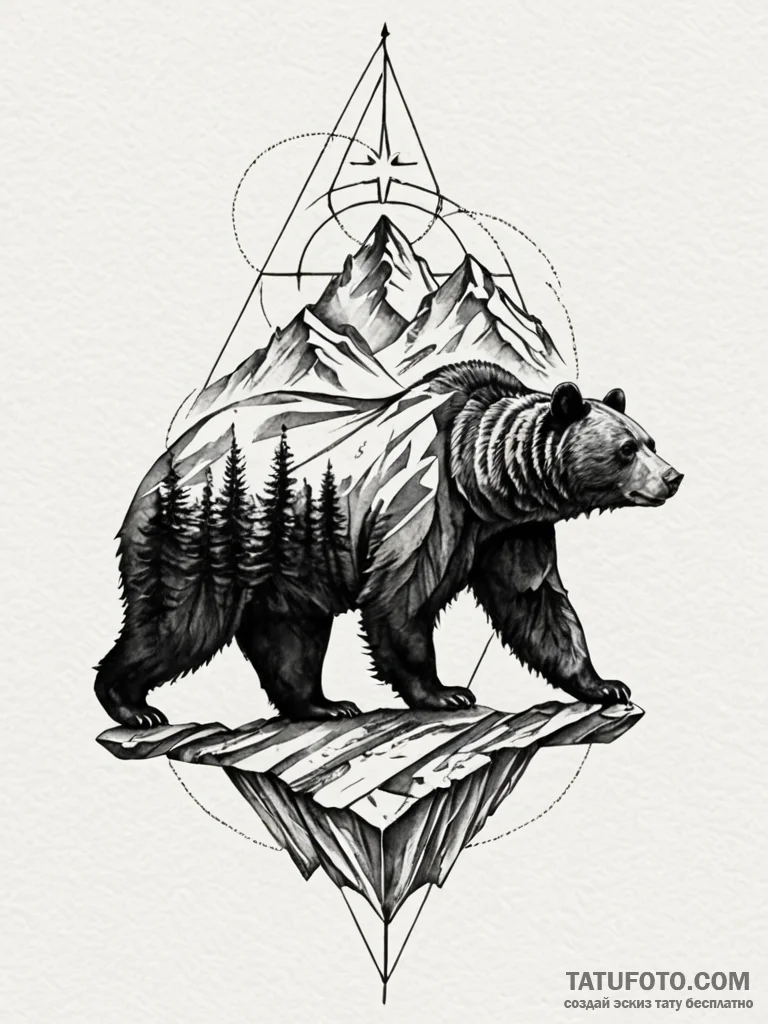 A majestic bear silhouette standing on a moun... - эскиз тату (№1751673528_0, 04.07.2025 23:58) — Tatufoto.com