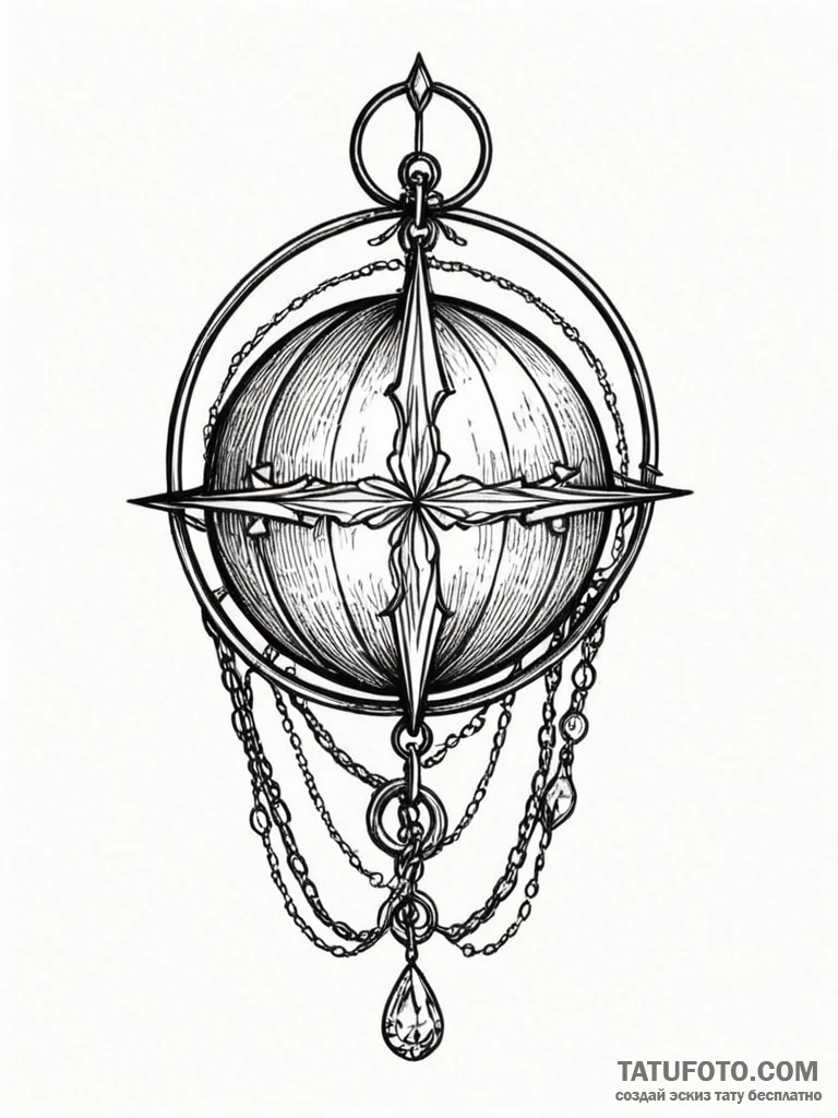 Crystal orb bound in chains, ink illustration… — эскиз тату (№1751674123_0, 05.07.2025 00:08) — Tatufoto.com