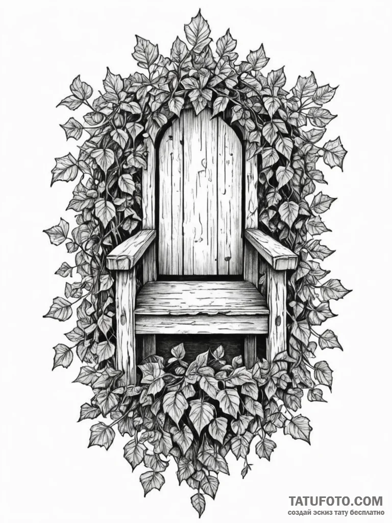 Oak throne buried beneath ivy, artistic tatto... - эскиз тату (№1751674552_0, 05.07.2025 00:15) — Tatufoto.com