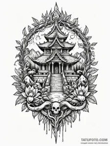 Jungle temple consumed by roots, tattoo flash... - эскиз тату (№1751675149_0, 05.07.2025 00:25) — Tatufoto.com