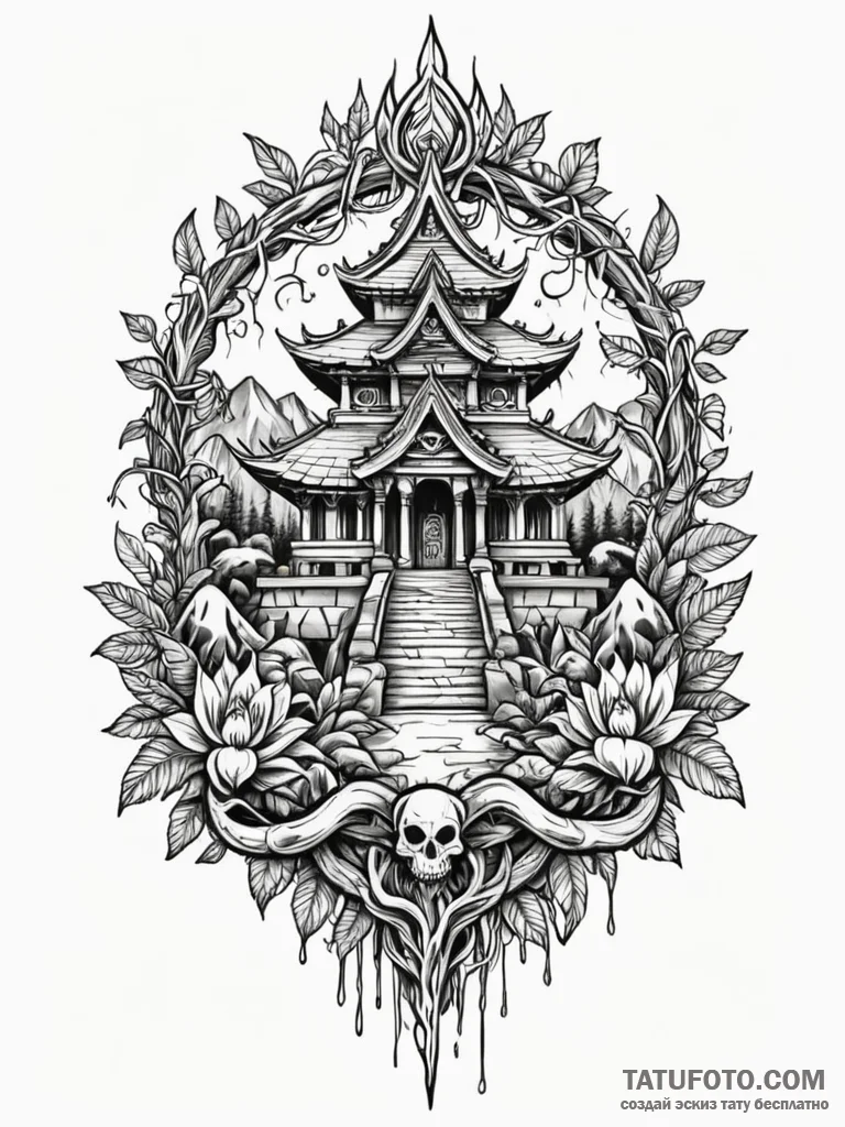 Jungle temple consumed by roots, tattoo flash… — эскиз тату (№1751675149_0, 05.07.2025 00:25) — Tatufoto.com