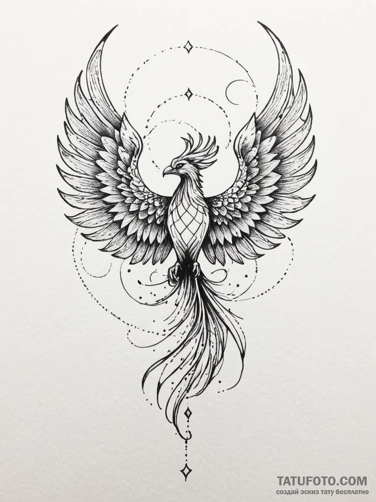 Phoenix wings beneath starry mist, artistic t... - эскиз тату (№1751675319_0, 05.07.2025 00:28) — Tatufoto.com