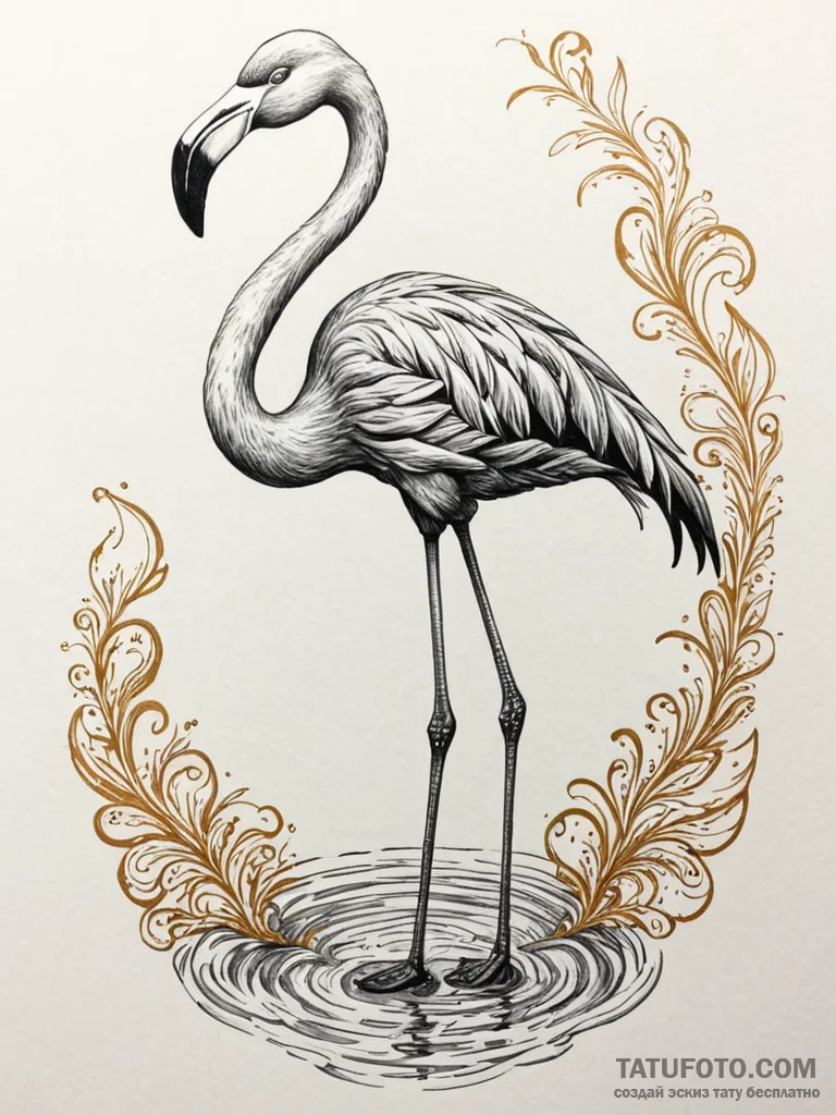Flamingo standing in a pool of molten gold, a... - эскиз тату (№1751675490_0, 05.07.2025 00:31) — Tatufoto.com