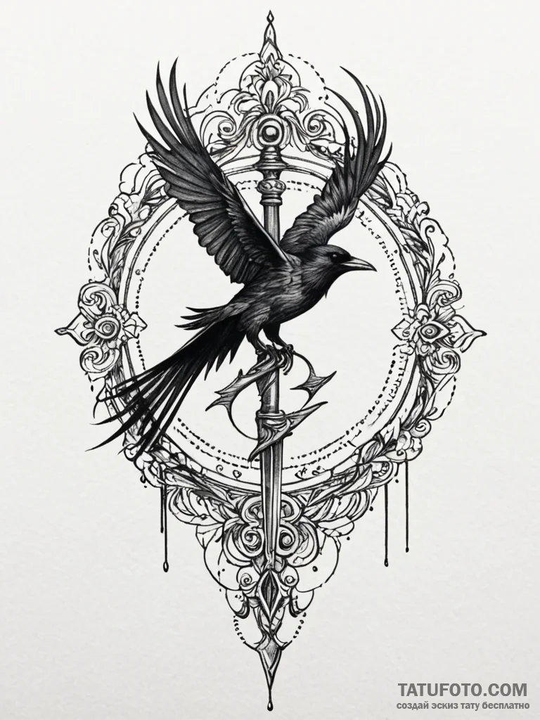 Dagger circled by crows, ink illustration for... - эскиз тату (№1751676256_0, 05.07.2025 00:44) — Tatufoto.com