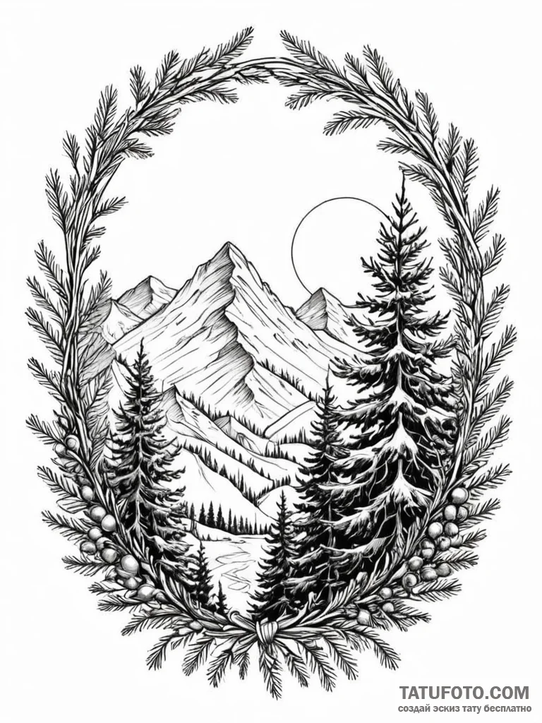 Pine bough beneath spectral arch, artistic ta… — эскиз тату (№1751677696_0, 05.07.2025 01:08) — Tatufoto.com