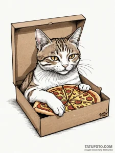 Cat sleeping inside an empty pizza box, tatto... - эскиз тату (№1751678215_0, 05.07.2025 01:16) — Tatufoto.com