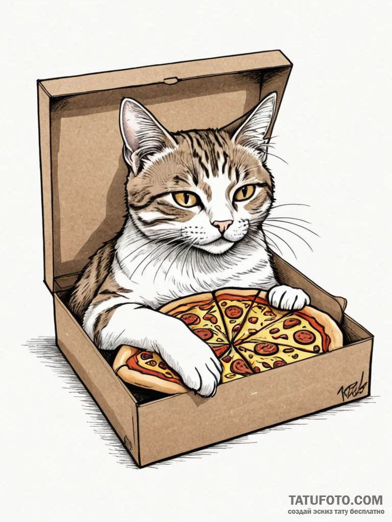 Cat sleeping inside an empty pizza box, tatto... - эскиз тату (№1751678215_0, 05.07.2025 01:16) — Tatufoto.com