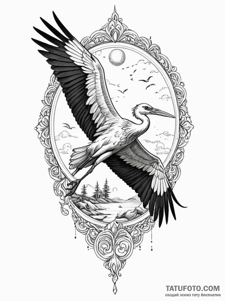 Stork, concept art for tattoo, sepia tone ske... - эскиз тату (№1751678308_0, 05.07.2025 01:18) — Tatufoto.com