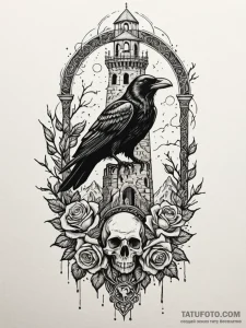 Apocalyptic raven perching on broken tower, t... - эскиз тату (№1751678905_0, 05.07.2025 01:28) — Tatufoto.com