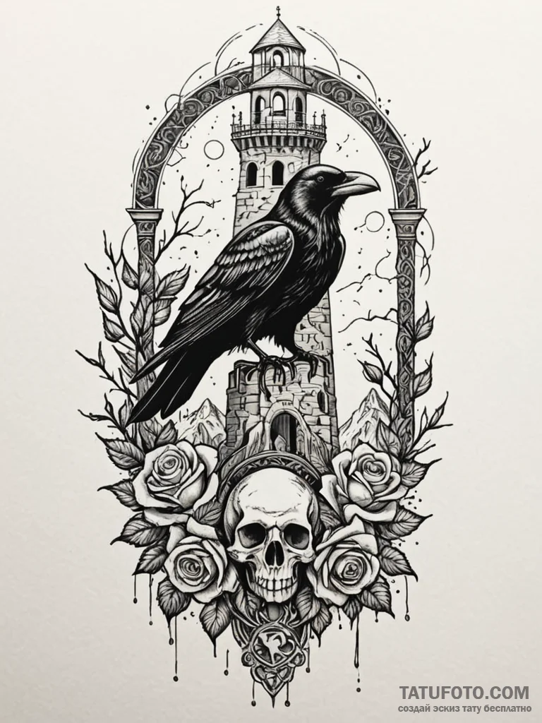 Apocalyptic raven perching on broken tower, t... - эскиз тату (№1751678905_0, 05.07.2025 01:28) — Tatufoto.com
