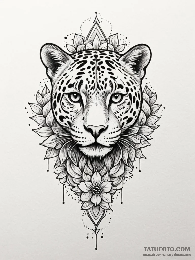 Jaguar relic beneath celestial bloom, tattoo... - эскиз тату (№1751679164_0, 05.07.2025 01:32) — Tatufoto.com