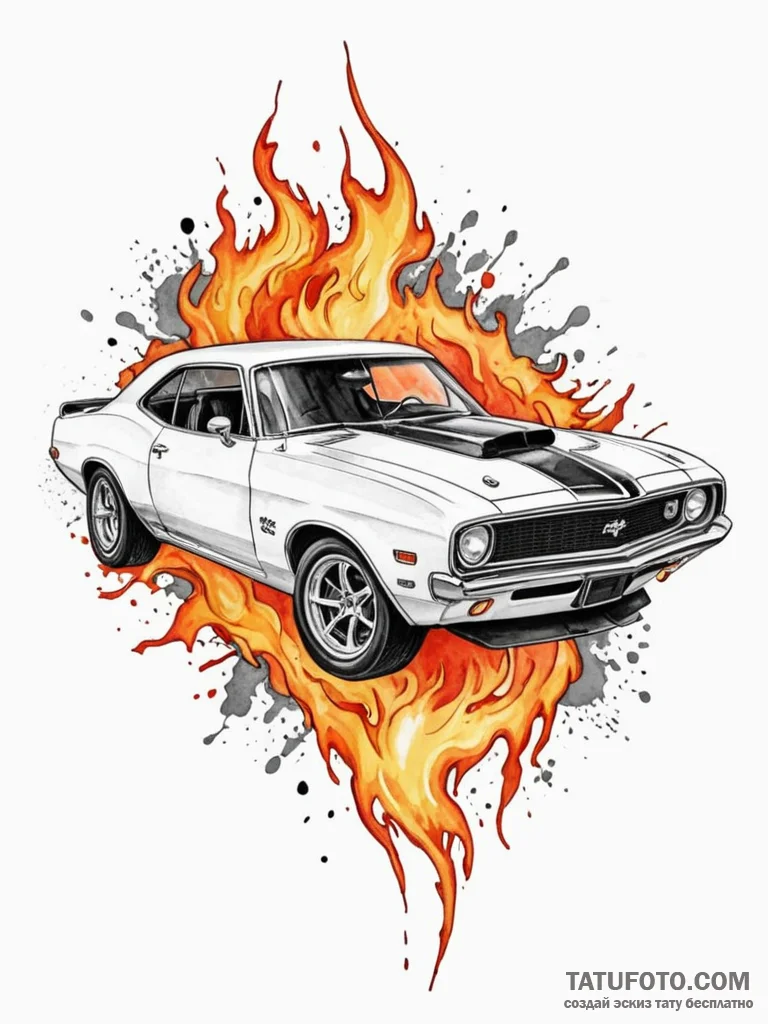 Heavily modified muscle car, roaring and spit... - эскиз тату (№1751679249_0, 05.07.2025 01:34) — Tatufoto.com
