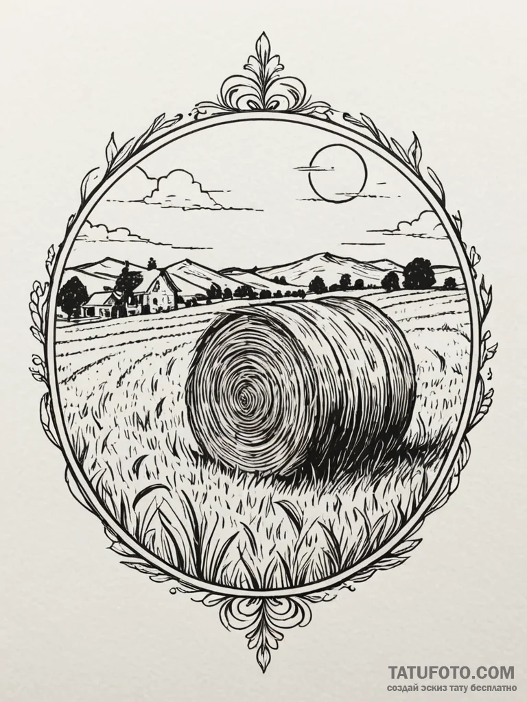 A detailed bale of hay field, vast,, artistic… — эскиз тату (№1751679505_0, 05.07.2025 01:38) — Tatufoto.com