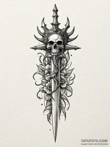 Eclipse dagger crowned in bones, tattoo line... - эскиз тату (№1751679847_0, 05.07.2025 01:44) — Tatufoto.com