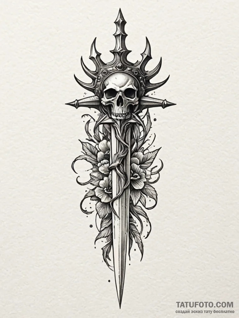 Eclipse dagger crowned in bones, tattoo line... - эскиз тату (№1751679847_0, 05.07.2025 01:44) — Tatufoto.com