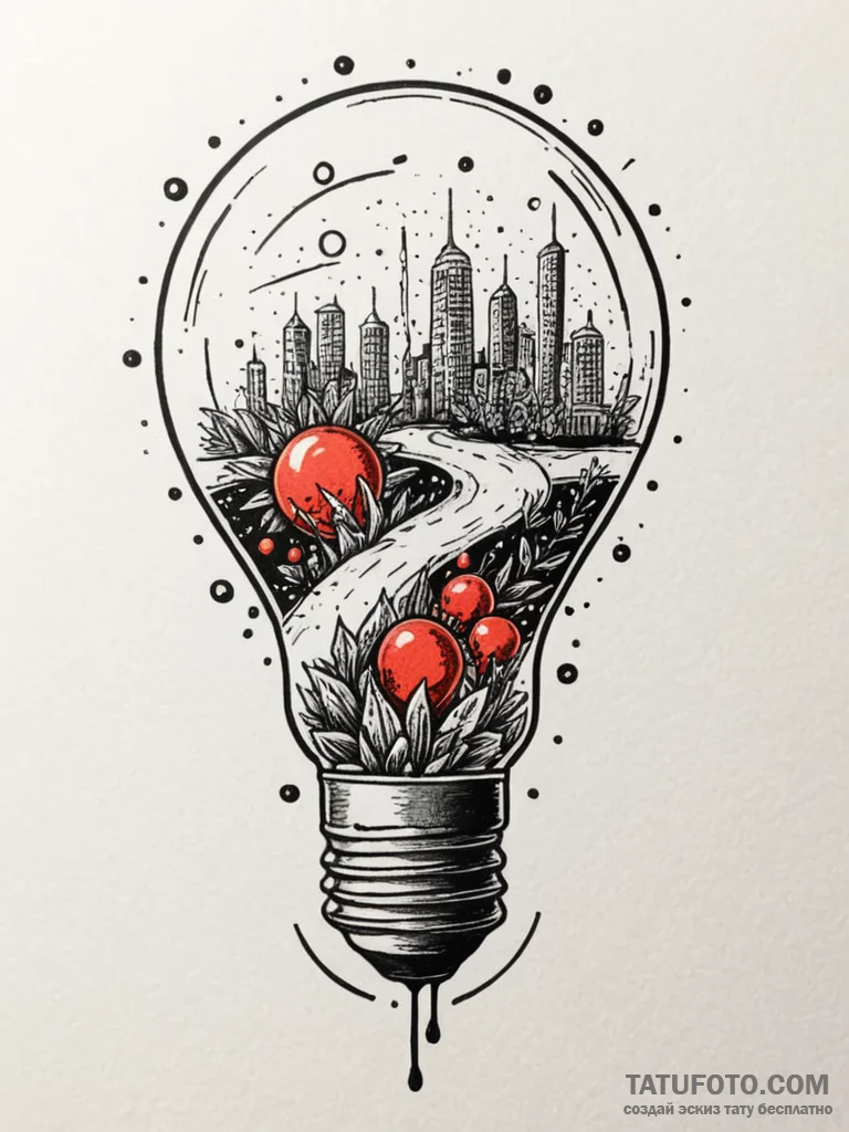 A lightbulb containing a tiny ecosystem, tatt... - эскиз тату (№1751679932_0, 05.07.2025 01:45) — Tatufoto.com