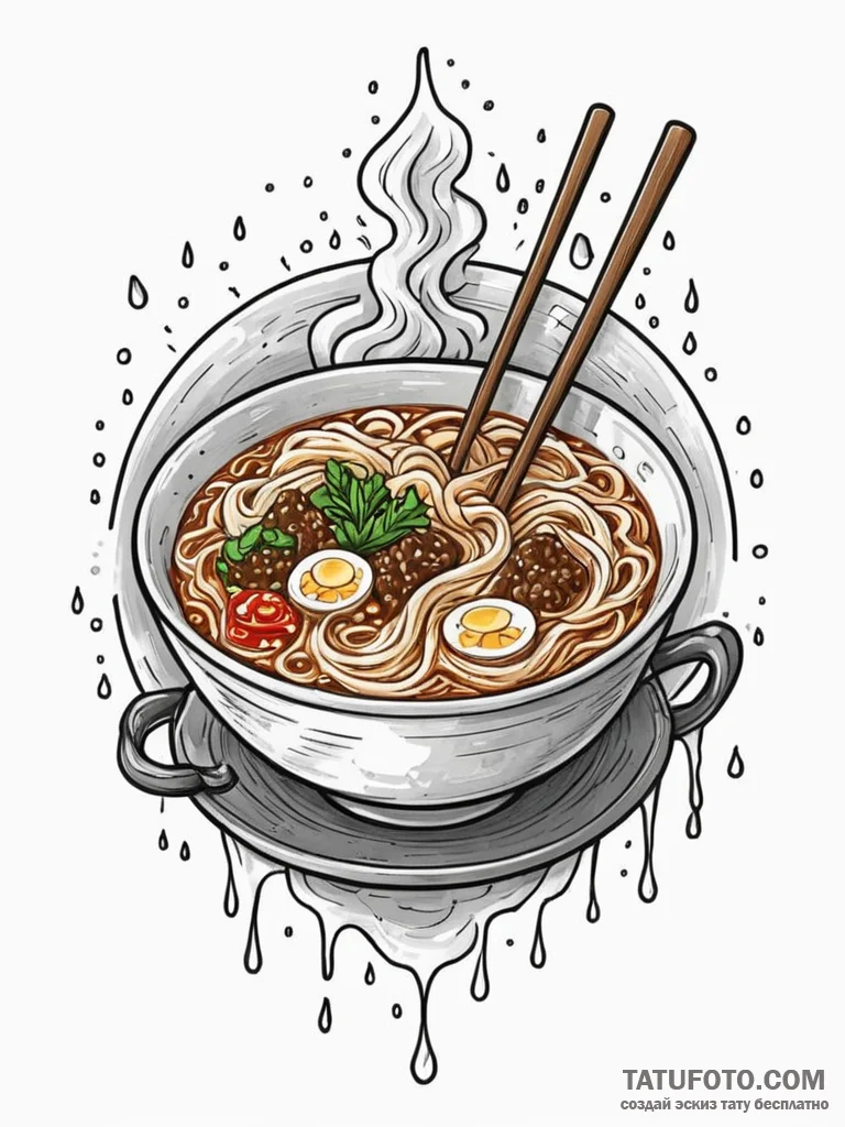 A neon ramen shop sign in the rain, tattoo dr… — эскиз тату (№1751681281_0, 05.07.2025 02:08) — Tatufoto.com