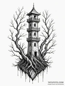 Mirror tower wrapped in roots, tattoo flash s... - эскиз тату (№1751681449_0, 05.07.2025 02:10) — Tatufoto.com