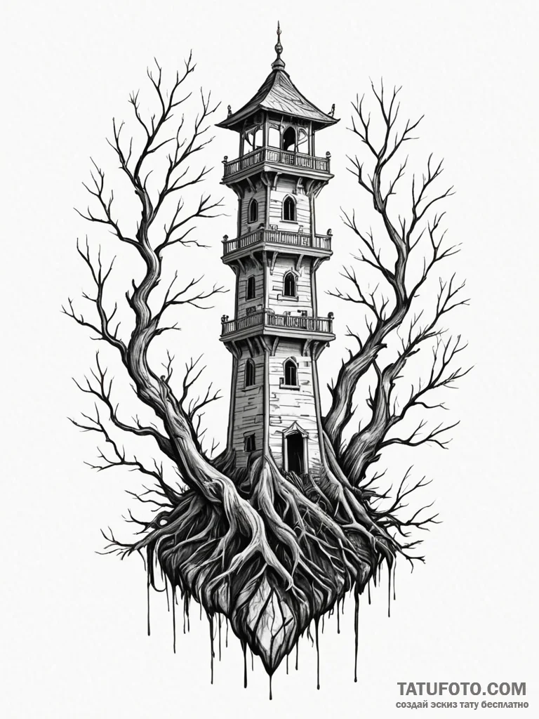 Mirror tower wrapped in roots, tattoo flash s… — эскиз тату (№1751681449_0, 05.07.2025 02:10) — Tatufoto.com