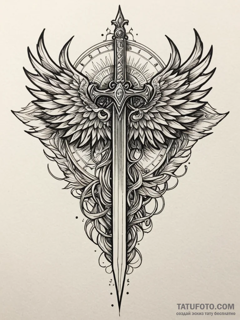 Feathered dagger piercing celestial gate, tat... - эскиз тату (№1751681702_0, 05.07.2025 02:15) — Tatufoto.com