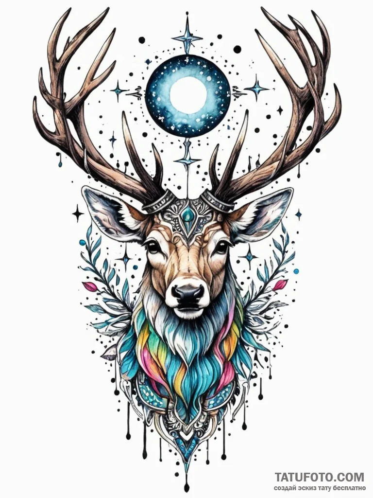 Angelic stag crowned by lunar light, tattoo l... - эскиз тату (№1751681786_0, 05.07.2025 02:16) — Tatufoto.com