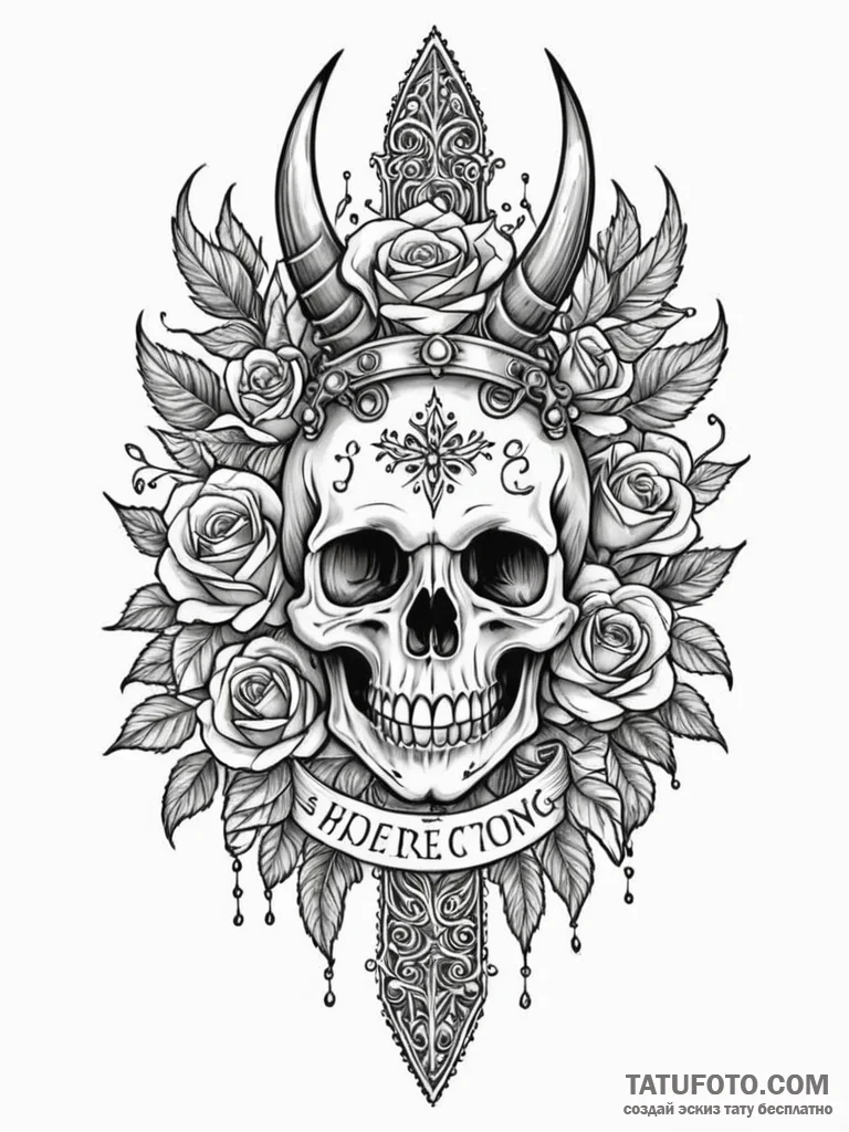 Horned dagger crowned in bone, tattoo flash s... - эскиз тату (№1751682122_0, 05.07.2025 02:22) — Tatufoto.com