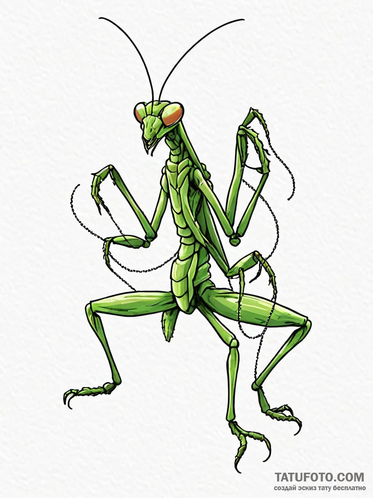 A praying mantis in a martial arts pose, tatt... - эскиз тату (№1751682978_0, 05.07.2025 02:36) — Tatufoto.com