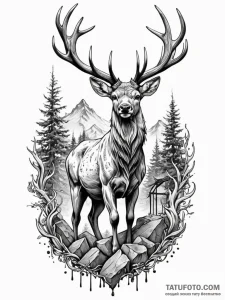Clawed stag standing on ruins, tattoo sketch... - эскиз тату (№1751683154_0, 05.07.2025 02:39) — Tatufoto.com