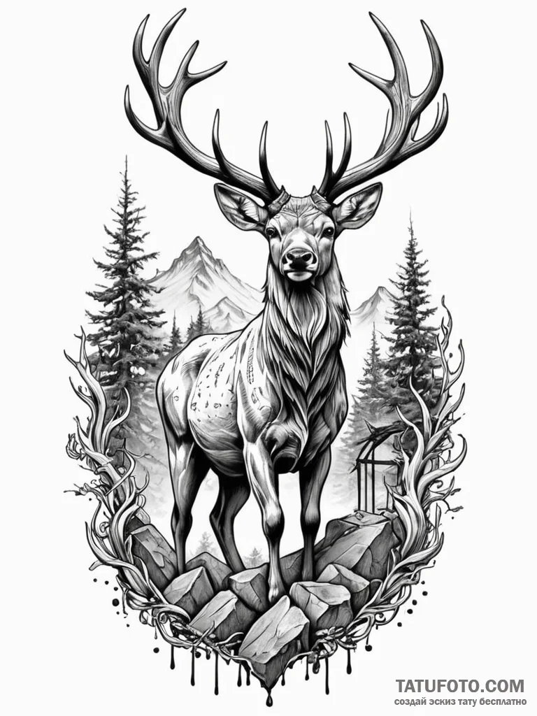 Clawed stag standing on ruins, tattoo sketch… — эскиз тату (№1751683154_0, 05.07.2025 02:39) — Tatufoto.com
