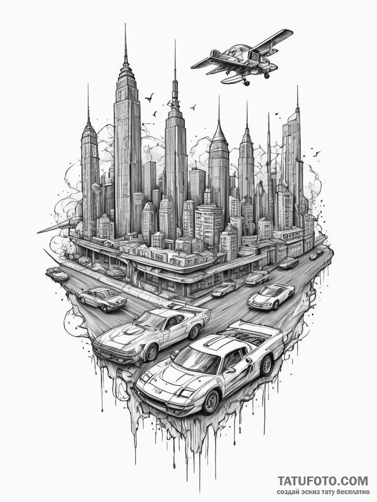 Dystopian city skyline with flying vehicles,… — эскиз тату (№1751683245_0, 05.07.2025 02:40) — Tatufoto.com