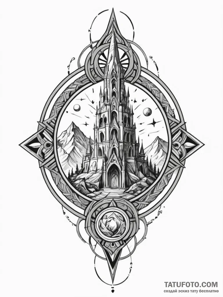 Jade relic beneath shattered spire, artistic... - эскиз тату (№1751683499_0, 05.07.2025 02:44) — Tatufoto.com