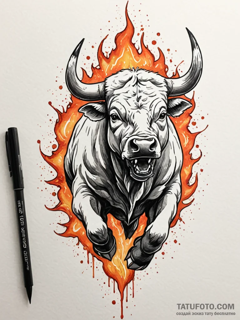 Raging bull made of fire and magma, tattoo li... - эскиз тату (№1751683584_0, 05.07.2025 02:46) — Tatufoto.com