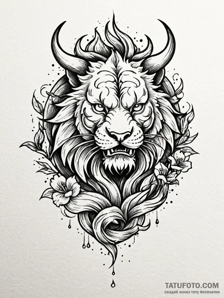 Astral lion crowned with stars, ink illustrat... - эскиз тату (№1751684265_0, 05.07.2025 02:57) — Tatufoto.com