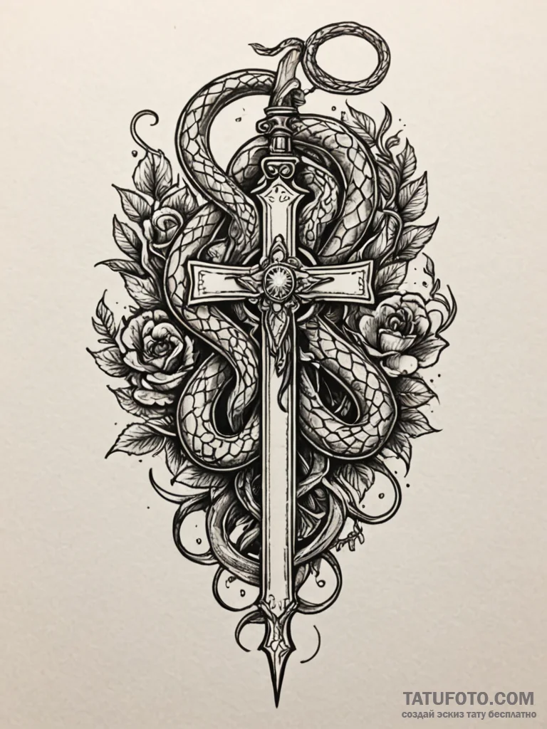 Pistol barrel entwined with serpents, tattoo... - эскиз тату (№1751684350_0, 05.07.2025 02:59) — Tatufoto.com