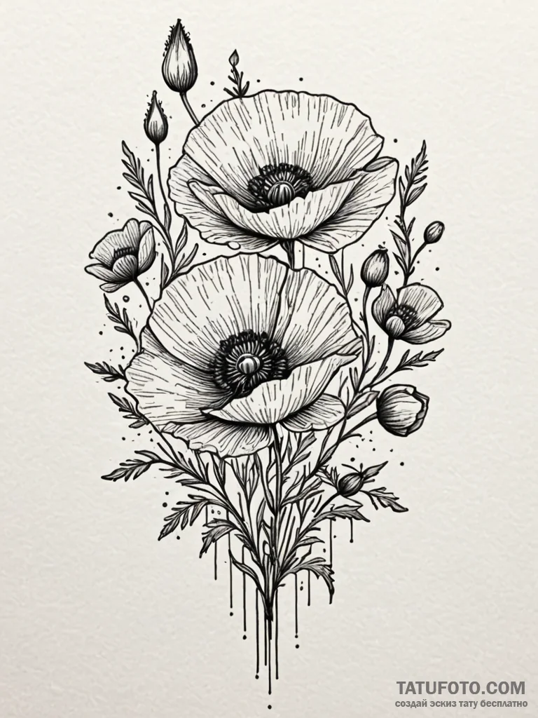 Poppy flowers blooming from bones, tattoo ske... - эскиз тату (№1751684522_0, 05.07.2025 03:02) — Tatufoto.com