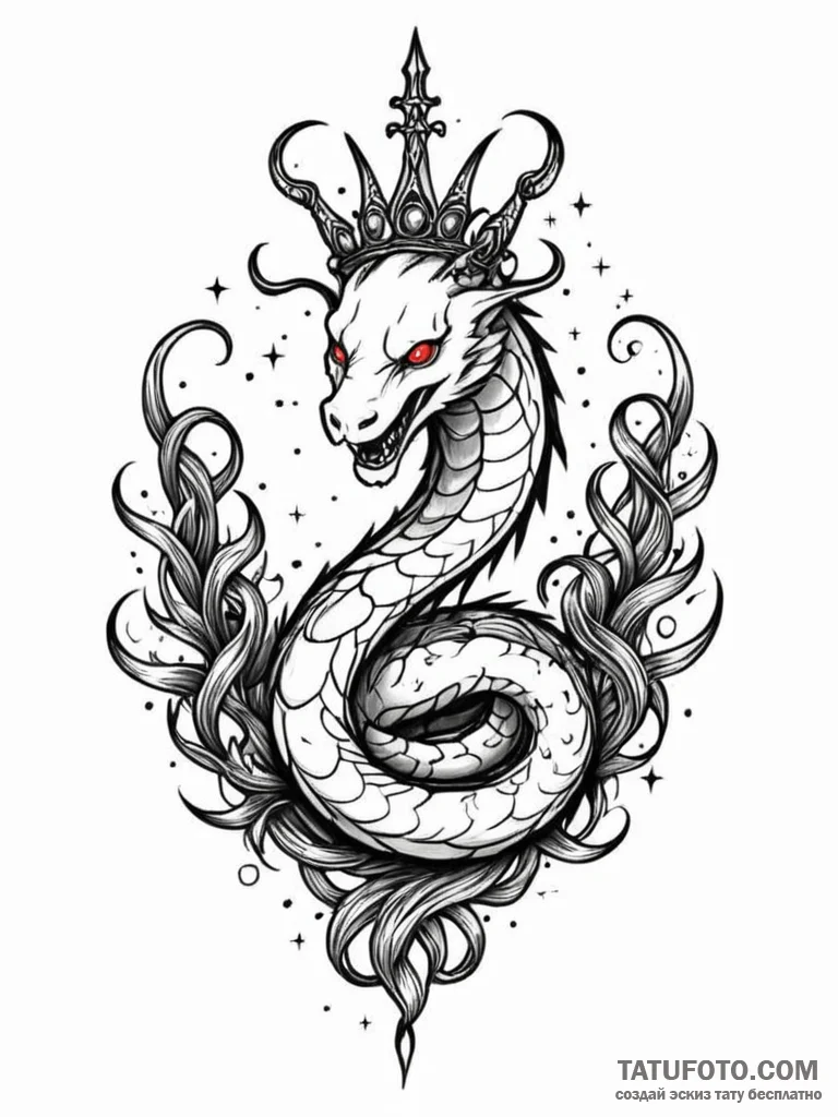 Ghost serpent crowned with stars, tattoo flas... - эскиз тату (№1751684864_0, 05.07.2025 03:07) — Tatufoto.com