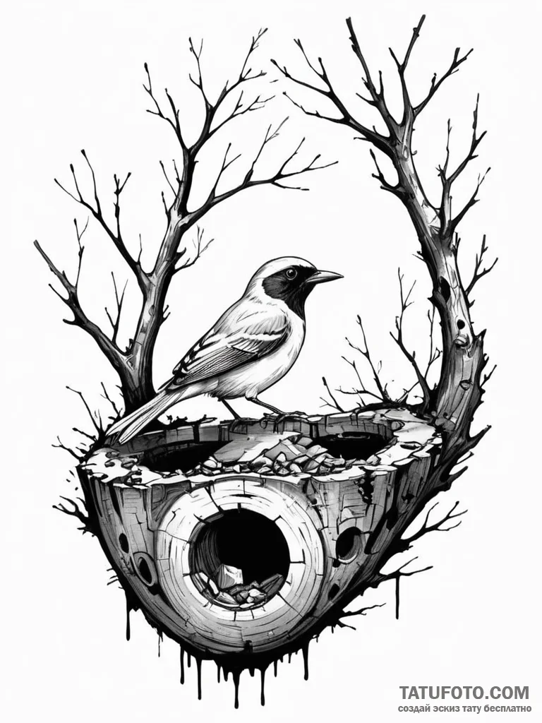 A whimsical bird in a tree hollow, hidden,, a… — эскиз тату (№1751684952_0, 05.07.2025 03:09) — Tatufoto.com