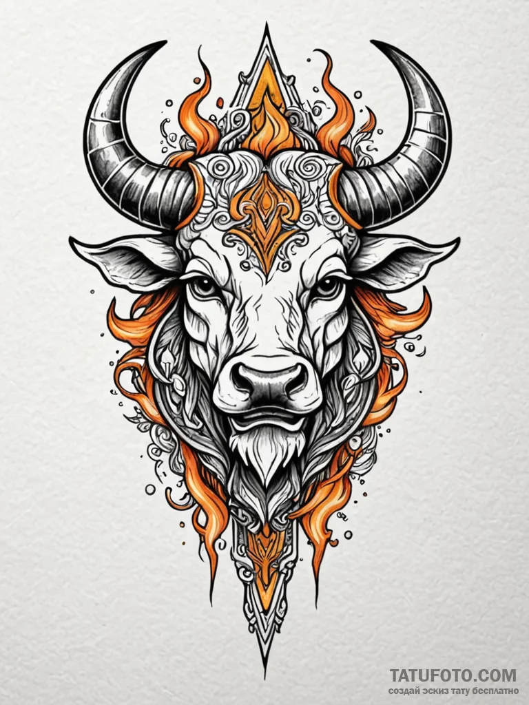 Minotaur blade beneath burning sky, tattoo dr... - эскиз тату (№1751685656_0, 05.07.2025 03:20) — Tatufoto.com