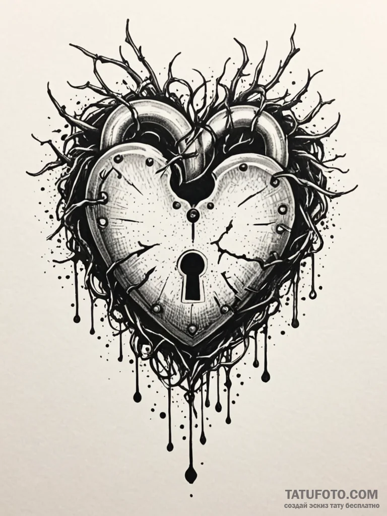 Heart-shaped padlock with a key made of thorn… — эскиз тату (№1751686250_0, 05.07.2025 03:30) — Tatufoto.com