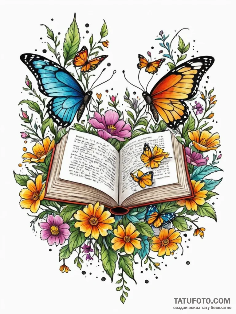 Book with wildflowers and butterflies emergin... - эскиз тату (№1751687353_0, 05.07.2025 03:49) — Tatufoto.com
