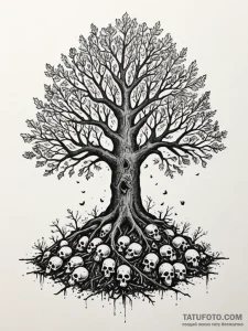Oak tree with roots digging into a pile of sk... - эскиз тату (№1751687610_0, 05.07.2025 03:53) — Tatufoto.com
