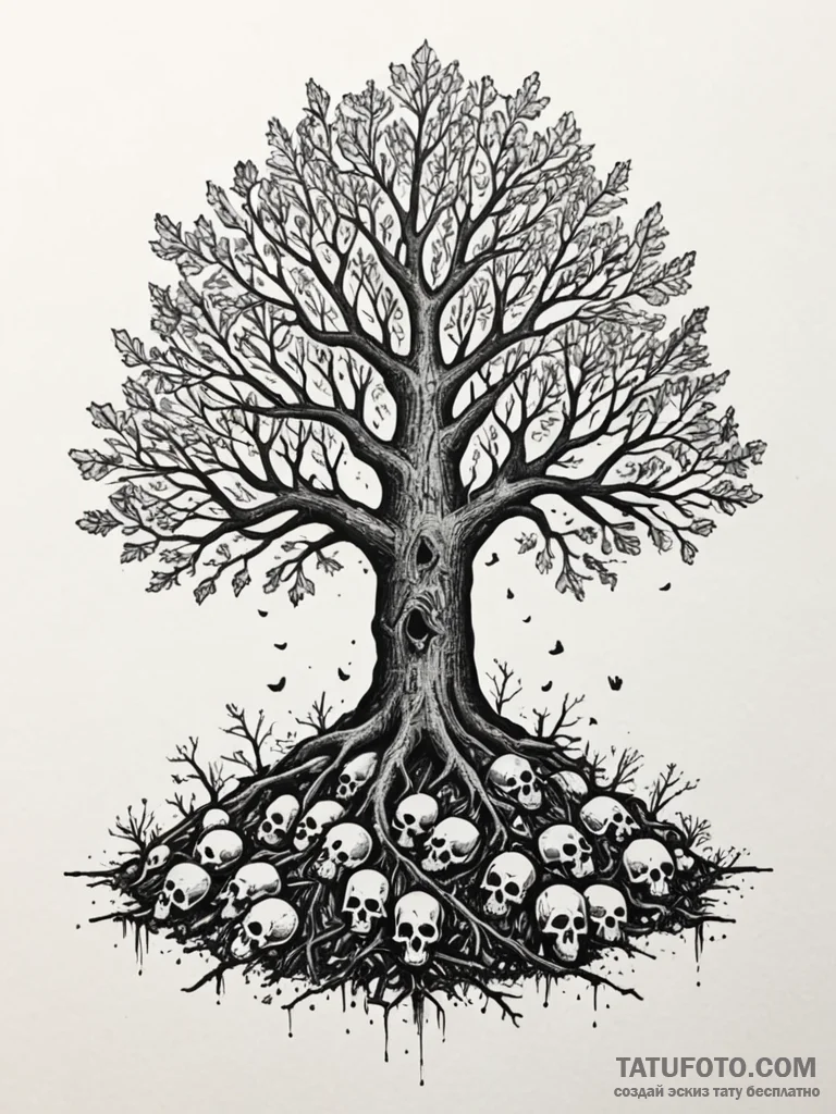 Oak tree with roots digging into a pile of sk… — эскиз тату (№1751687610_0, 05.07.2025 03:53) — Tatufoto.com