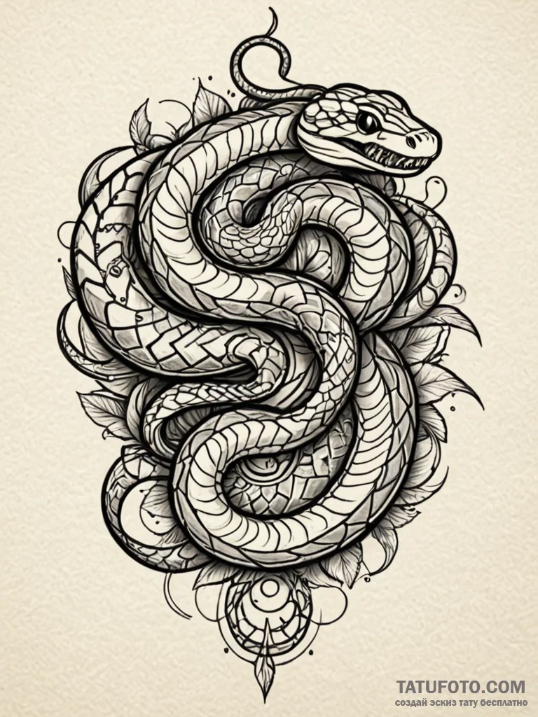 Animated snake biting its tail, tattoo sketch... - эскиз тату (№1751688033_0, 05.07.2025 04:00) — Tatufoto.com